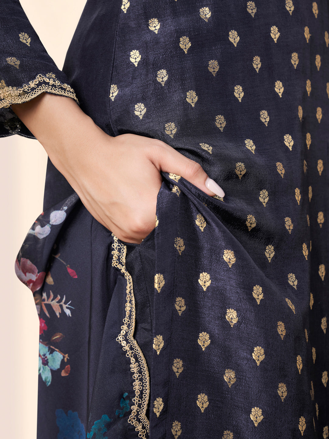 Dark Blue Black Applique Jacquard Kurta with Floral Print Dupatta Product vendor