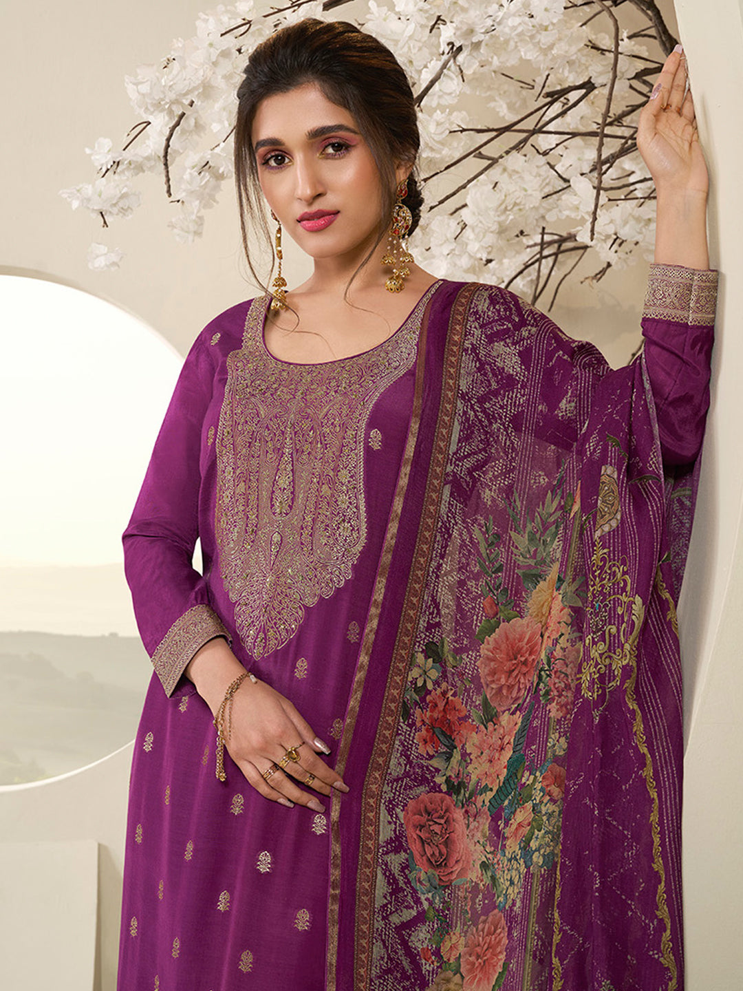 Muslin Jacquard Kurta Suit Set with Pencil Sketch Weave Handwork on Yoke Product vendor