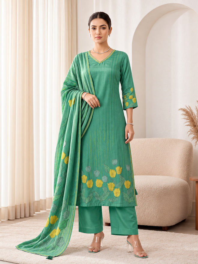 Emerald Light Green Silk Blend Kurta Set with Floral Dupatta