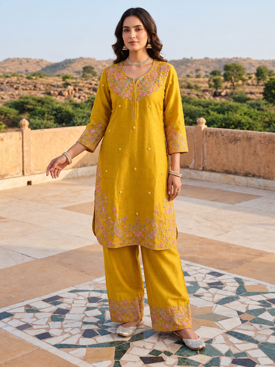 Mustard Mul Chanderi Embroidered Kurta Set