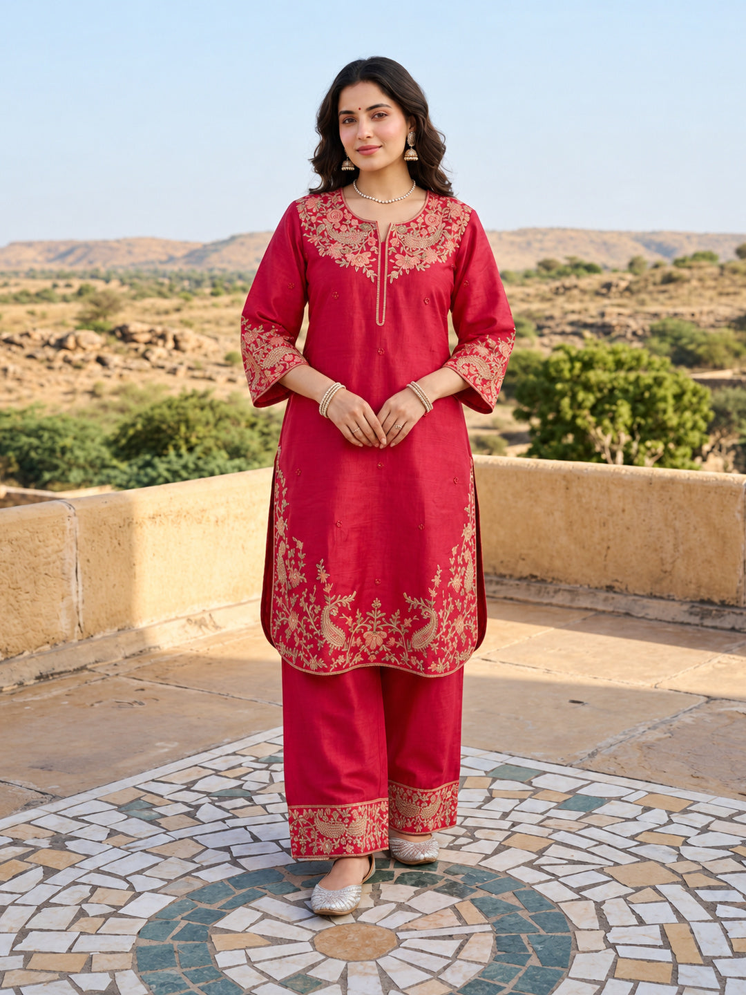 Pink Mul Chanderi Embroidered Kurta Set