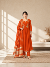 Orange Chanderi Silk Embroidered Anarkali Suit with Striped Dupatta