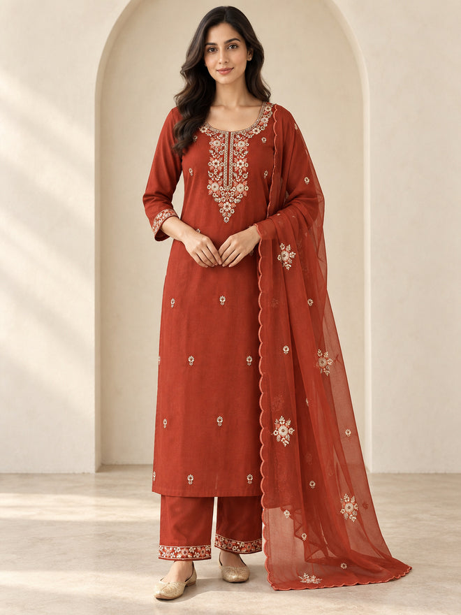 Brown Embroidered Kurta Pant Set with Dupatta