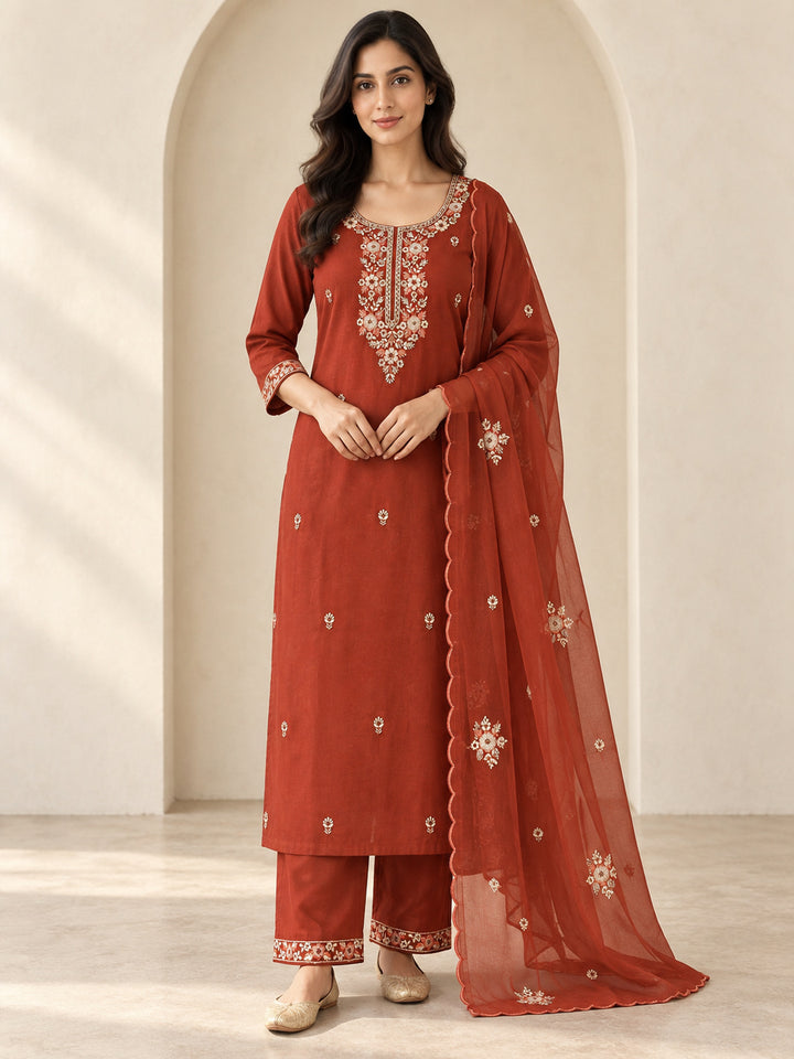 Brown Embroidered Kurta Pant Set with Dupatta