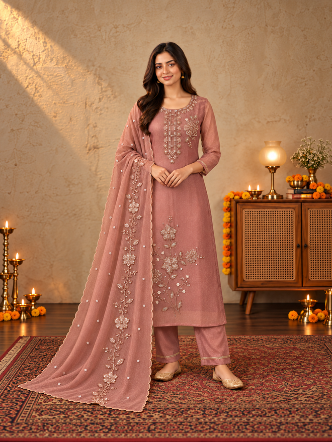 Dusty Rose Poly Silk Embroidered Kurta Palazzo Set with Dupatta