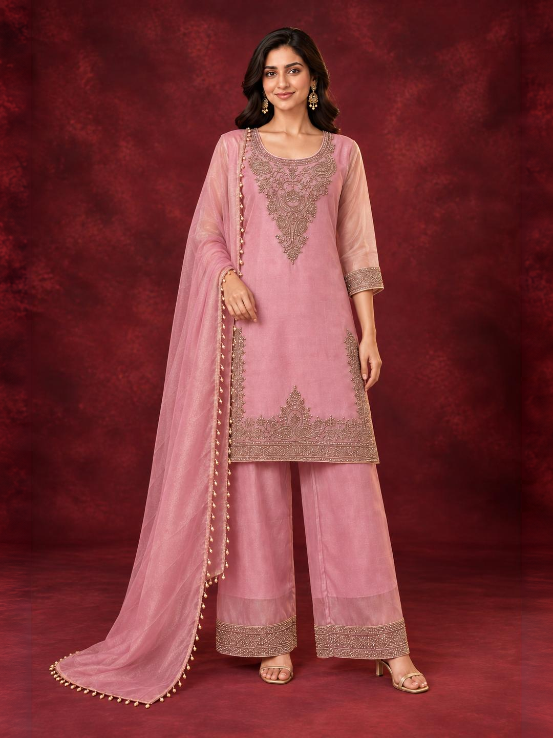 Dusty Pink Embroidered Pure Silk Palazzo Suit Set