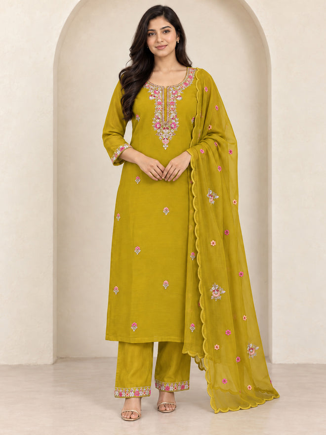 Mehendi Green Embroidered Kurta Pant Set with Dupatta