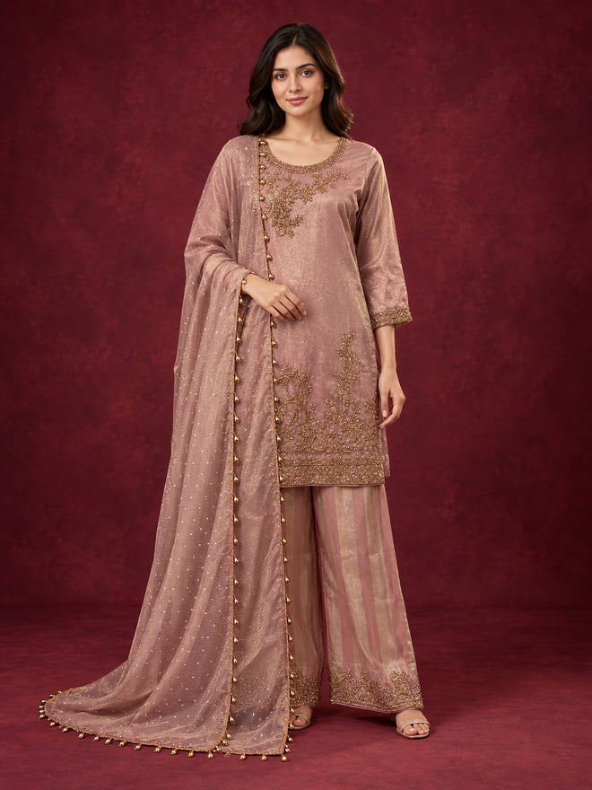 Dusty Rose Embroidered Pure Silk Palazzo Suit Set