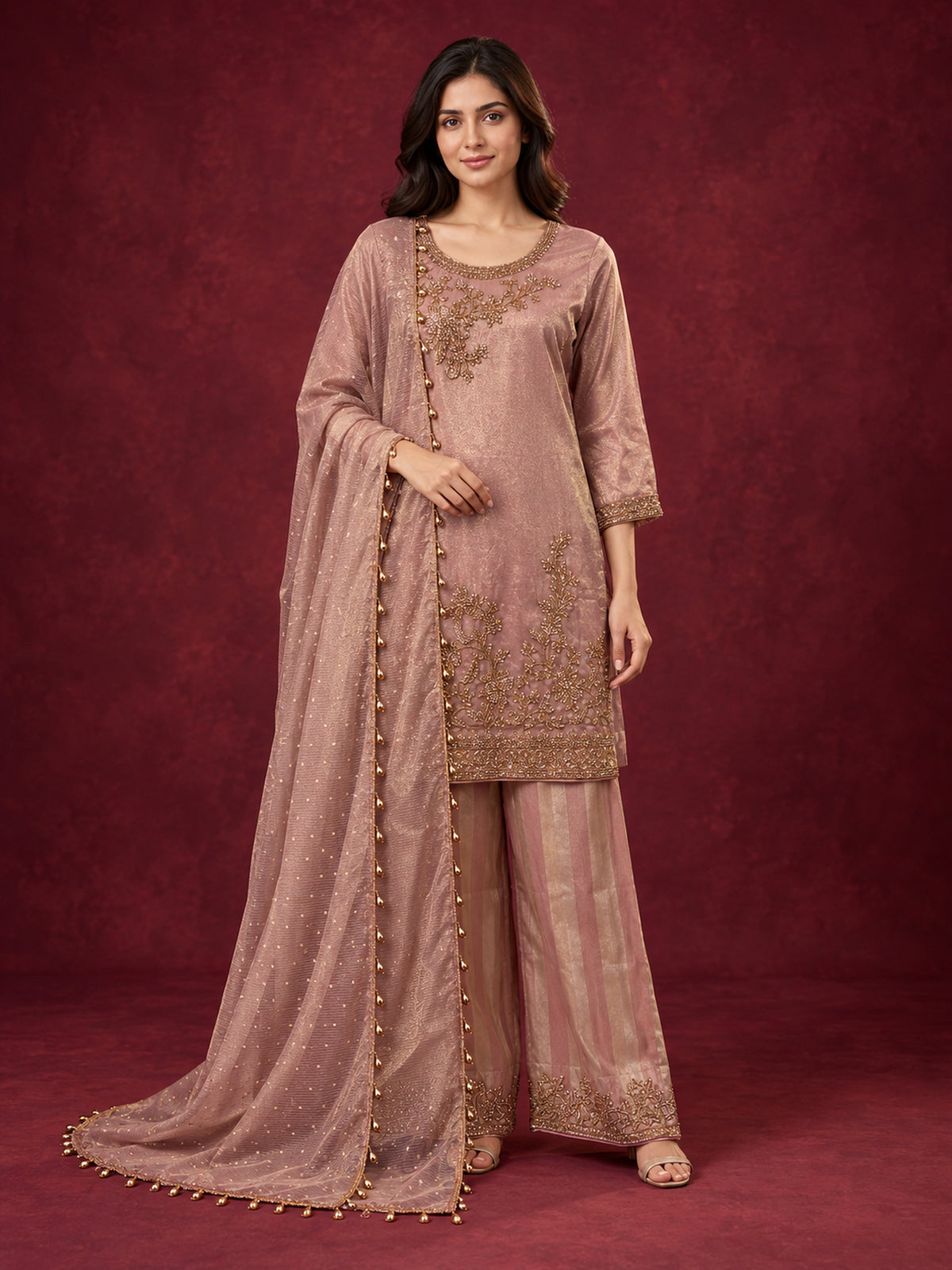 Dusty Rose Embroidered Pure Silk Palazzo Suit Set
