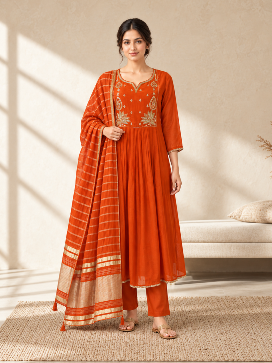 Orange Chanderi Silk Embroidered Anarkali Suit with Striped Dupatta
