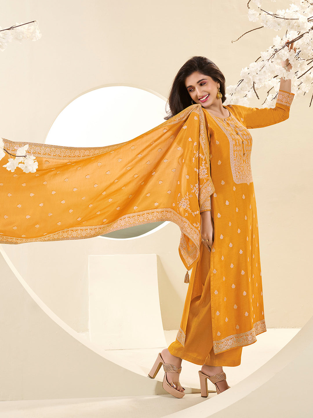 Muslin Jacquard Kurta Suit Set with White Thread Weave with Handcrafted Buttons Product vendor