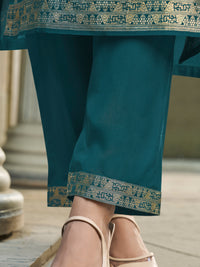 Dark Teal Green Placement-Weave Dola Silk Kurta Suit Set