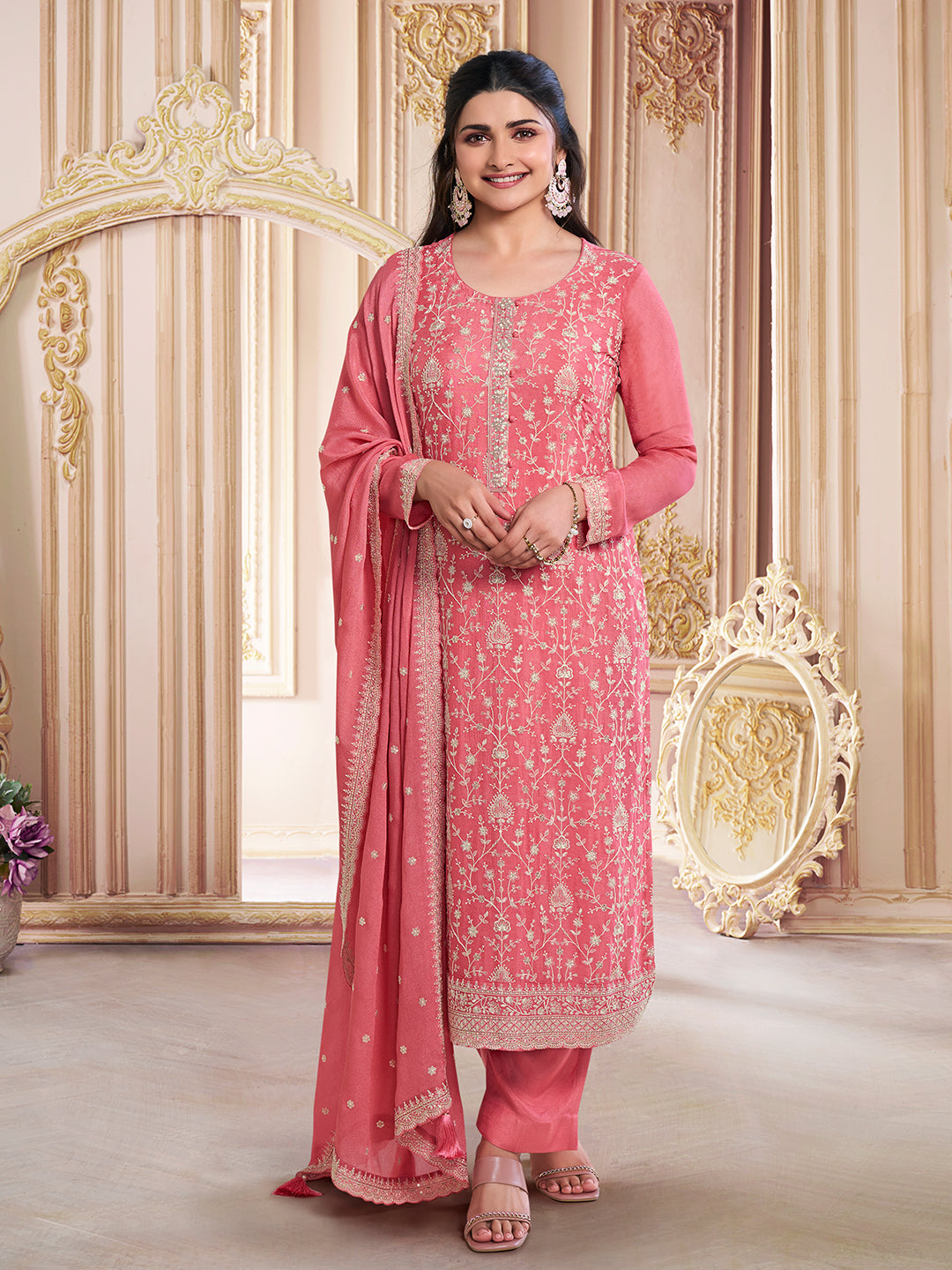 Leavender White Thread Embroidered KurtaPeach White Thread Embroidered Kurta Suit Set Suit Set Product vendor