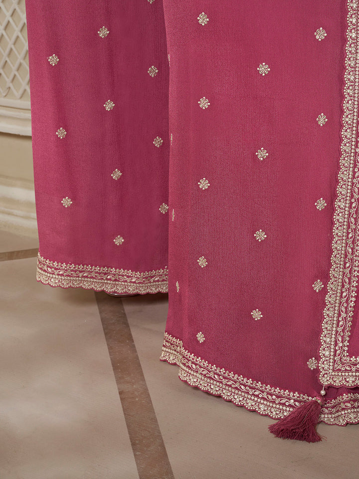 Deep Rose Floral Pattern, Thread & Sequins Embroidered Sharara Suit Set Product vendor