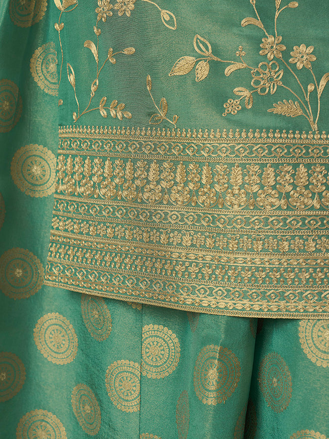 Lime Green Sharara Suit Set in Tissue with Pitta Work Dupatta