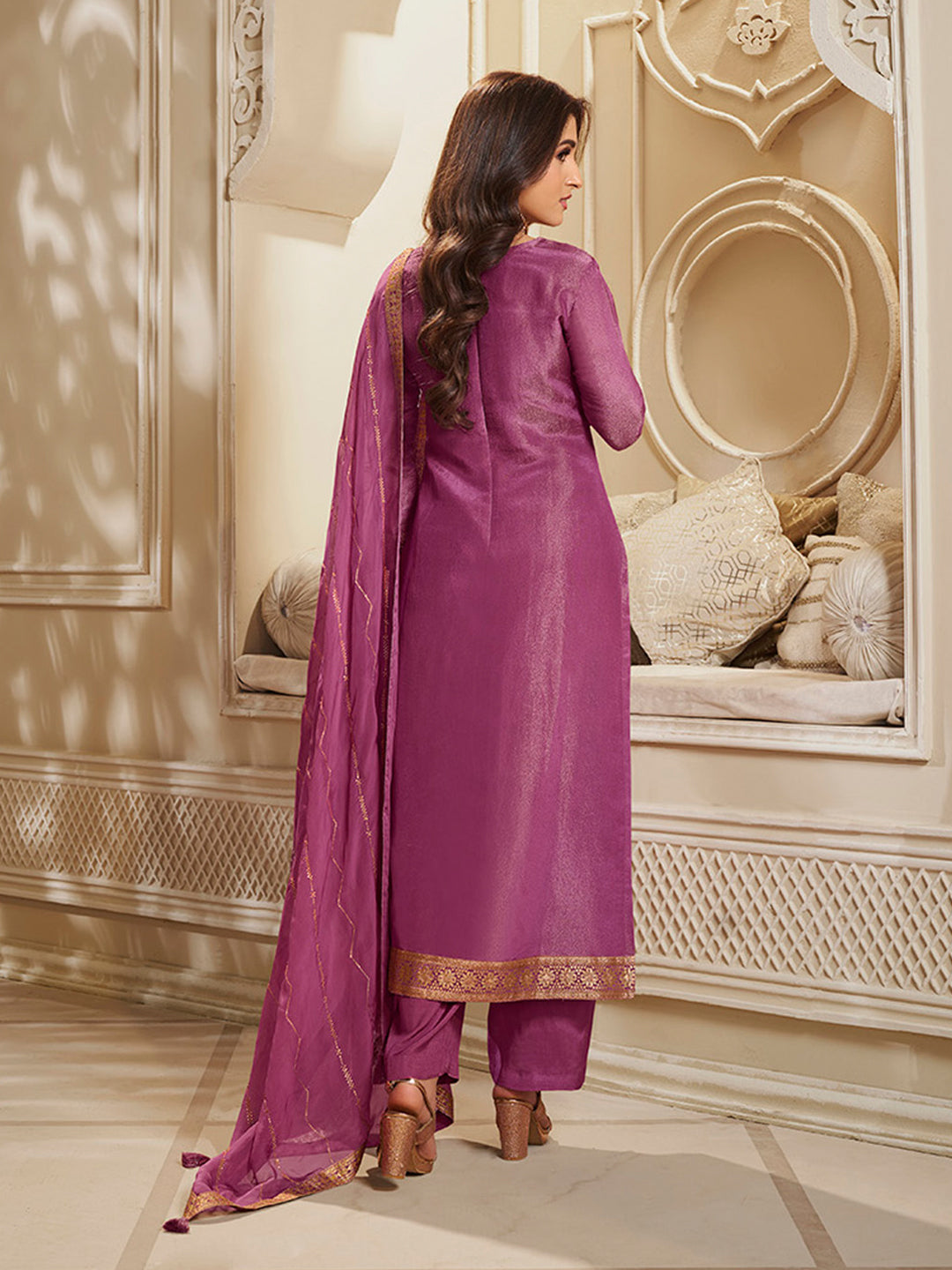 Pink Tissue Silk Meena Jacquard Designer Panel Work Kurta Suit Set Product vendor