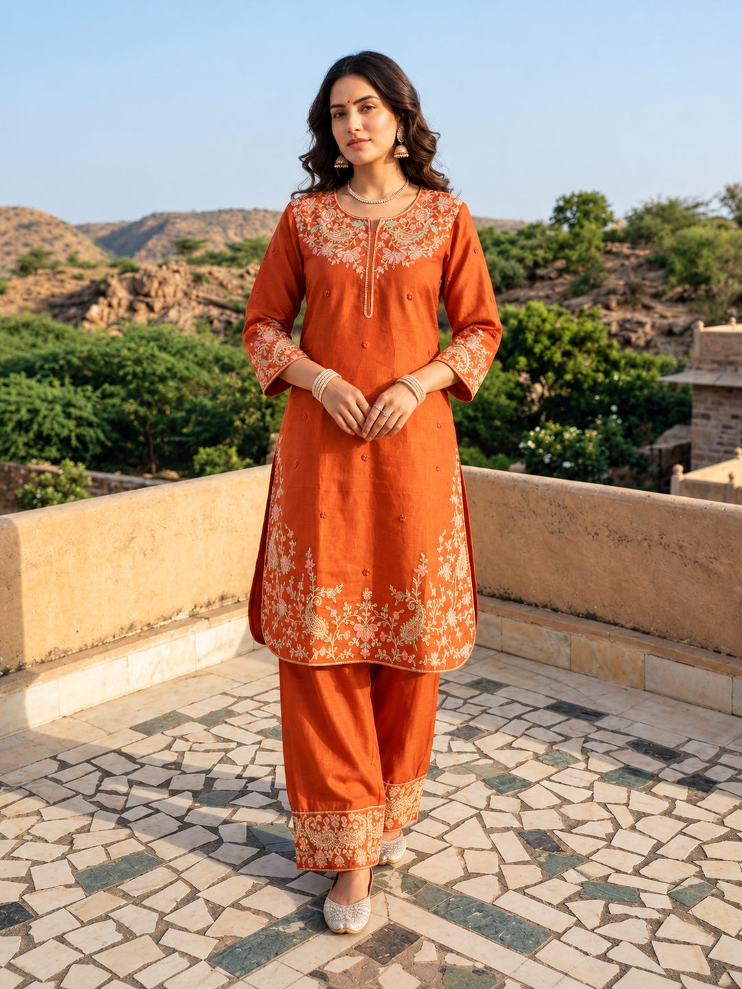 Rust Orange Mul Chanderi Embroidered Kurta Set