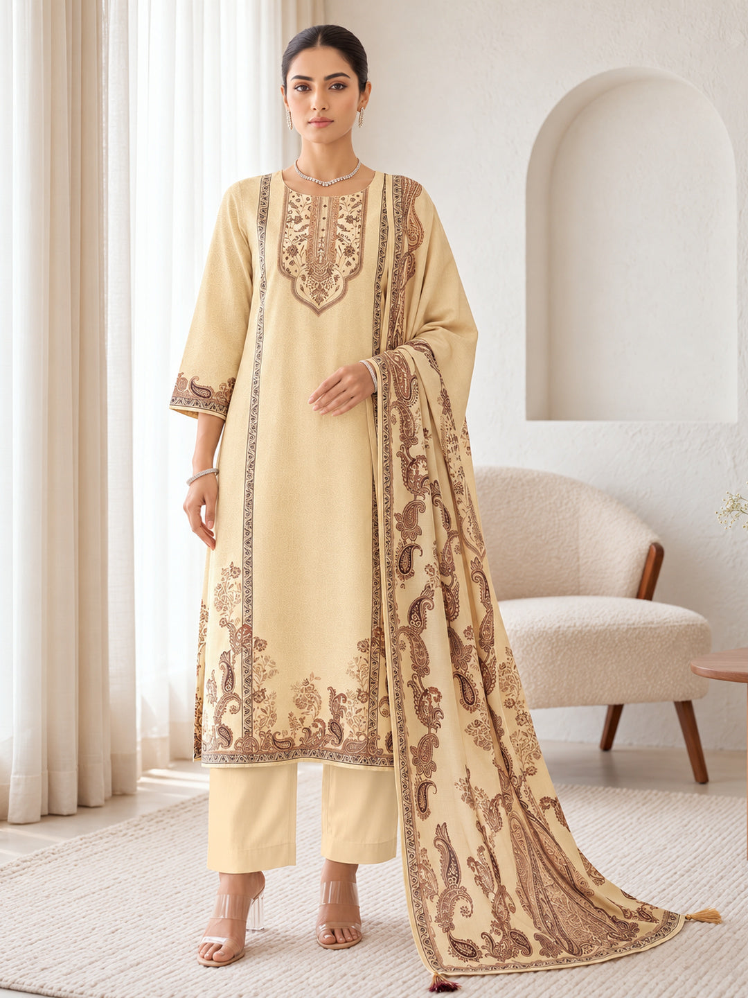 Ivory Silk Blend Printed Kurta Pant Set with Dupatta