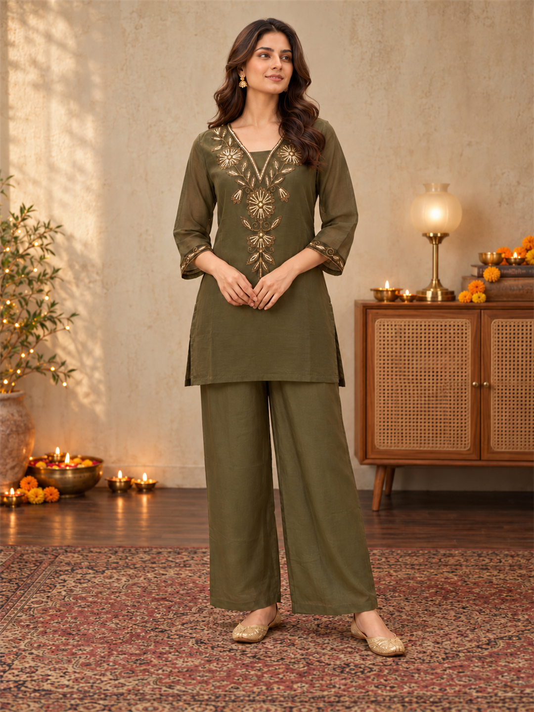 Olive Green Mul Chanderi Embroidered Kurta Palazzo Set