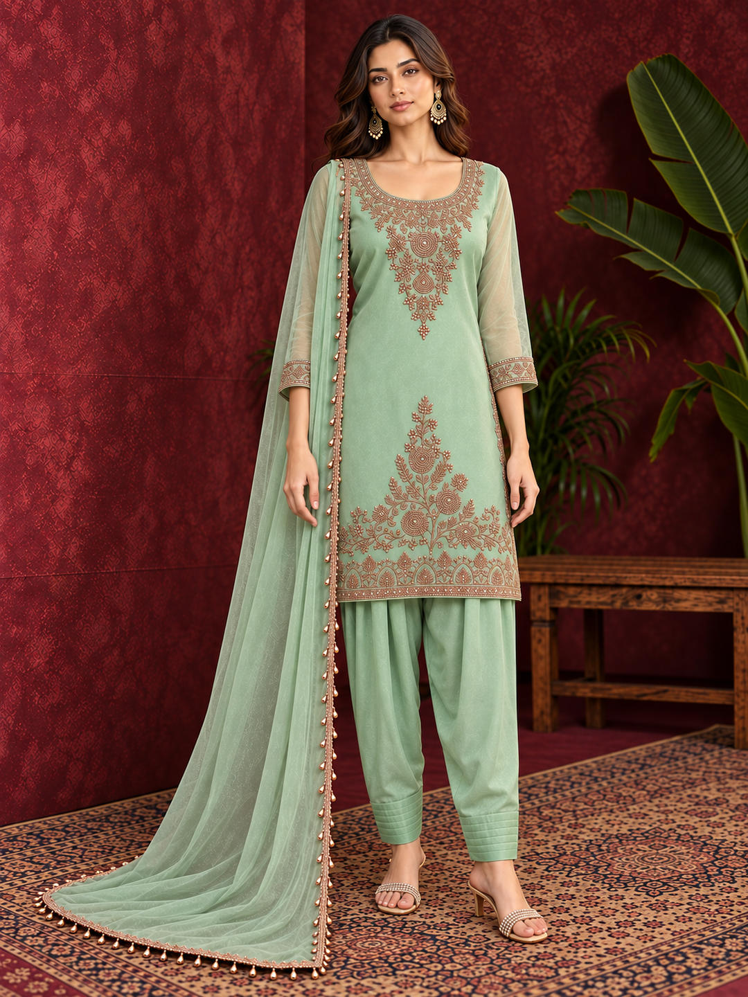 Sea Green Pure Silk Embroidered Suit Set with Dhoti and Dupatta