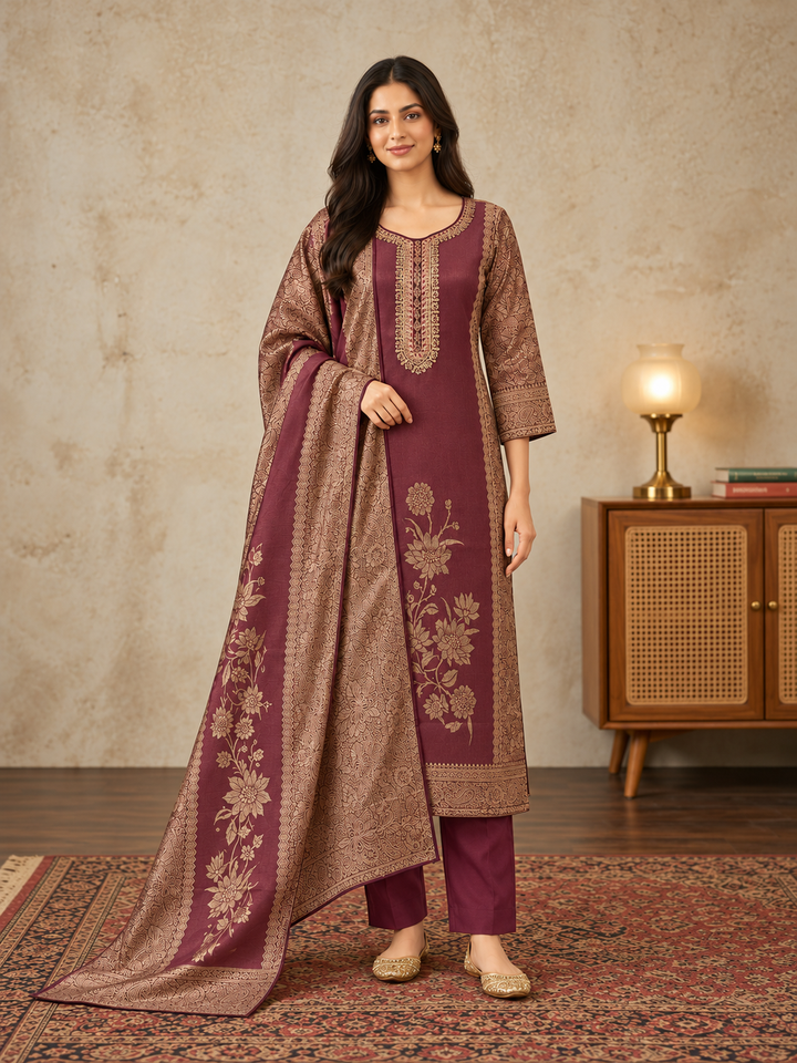 Wine Silk Blend Printed Kurta Pant Set with Dupatta
