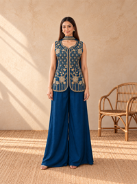 Royal Blue Pure Silk Embroidered Indo-Western Sharara Set