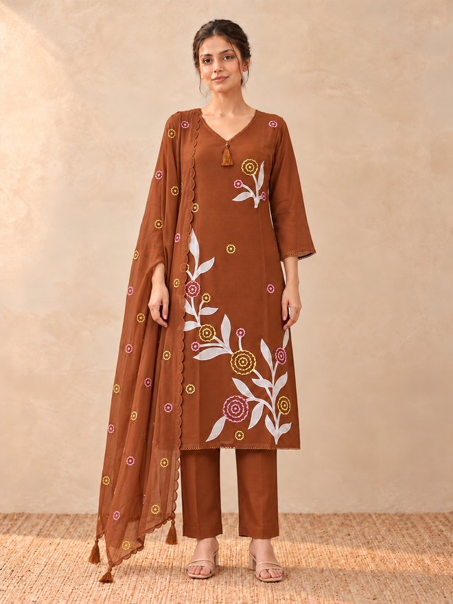 Rust Brown Floral Embroidered Mul Chanderi Kurta Set with Dupatta