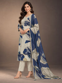 Women's Beige & Navy Blue Printed Kurta Set with Dupatta