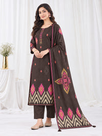 Women's Dark Brown Geometric Printed Kurta Set with Dupatta