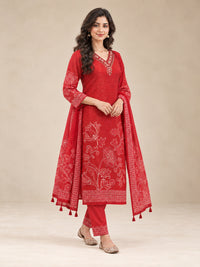 Red Floral Printed Cotton-Silk Kurta Set with Dupatta