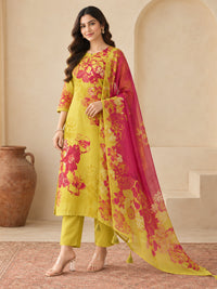Women's Yellow & Magenta Floral Printed Kurta Set with Dupatta