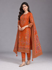 Rust Orange Floral Printed Cotton-Silk Kurta Set with Dupatta