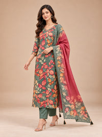 Women's Sage Green Leaf Printed Kurta Set with Dupatta