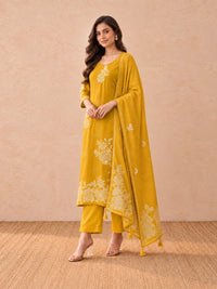 Women's Mustard Yellow Floral Kurta Set with Dupatta