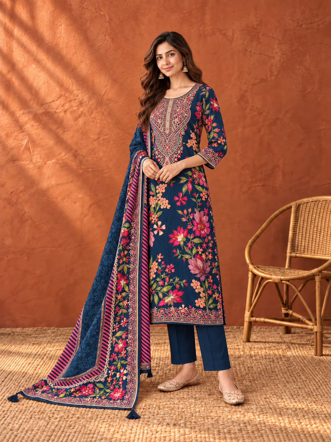 Navy Blue Floral Printed Kurta Set with Dupatta