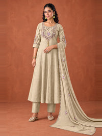 Beige Embroidered Chanderi-Silk Anarkali Set with Dupatta