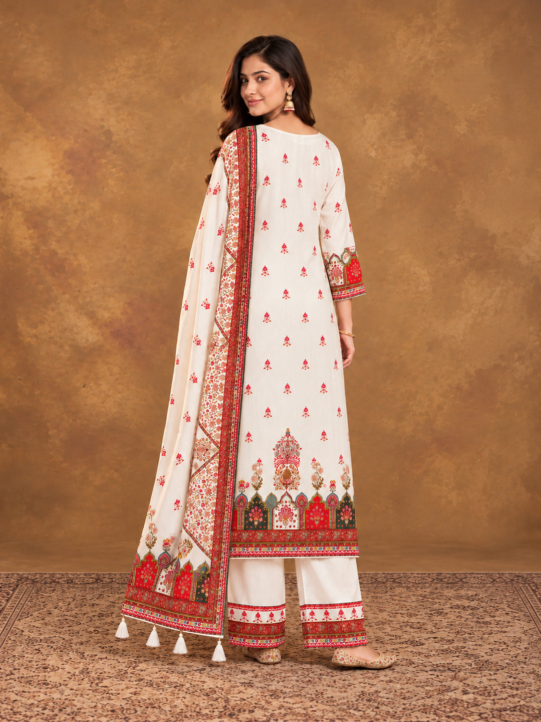 Off white  Floral Embroidered Cotton-Silk Kurta with Trousers & With Dupatta