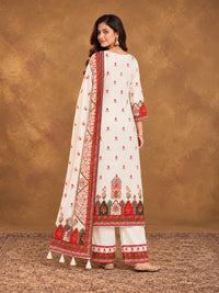 Off white  Floral Embroidered Cotton-Silk Kurta with Trousers & With Dupatta