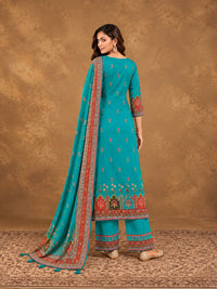 Turquoise Floral Embroidered Cotton-Silk Kurta with Trousers & With Dupatta