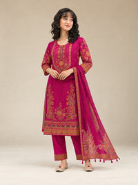 Women Rani-Pink Floral Embroidered Cotton-Silk Kurta with Trousers & With Dupatta