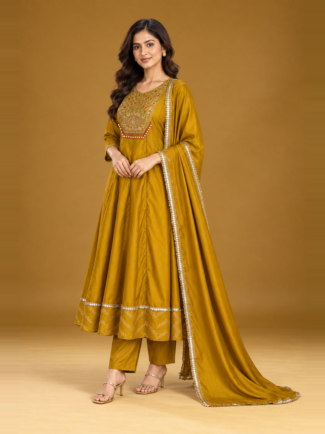 Mustard Embroidered Anarkali Set with Dupatta – three-quarter front view