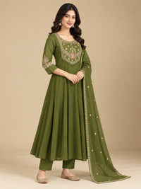 Olive Green Embroidered Chanderi-Silk Anarkali Set with Dupatta