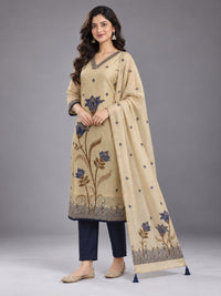 Beige and Navy Floral Kurta Set with Dupatta