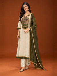 Ivory Floral Yoke Kurta Set with Olive Green Dupatta