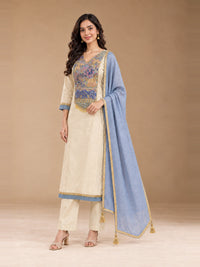 Ivory Floral Yoke Kurta Set with Blue Dupatta