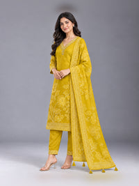 Yellow Floral Printed Cotton-Silk Kurta Set with Dupatta