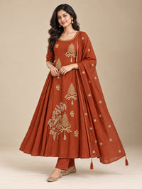 Brown Embroidered Chanderi-Silk Anarkali Set with Dupatta