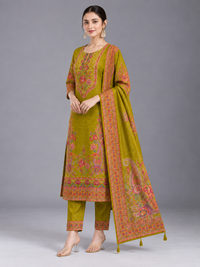 Women Floral Embroidered Cotton-Silk Kurta with Trousers & With Dupatta