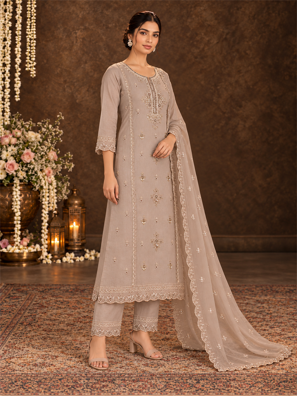 Beige Floral Embroidered Mul Chanderi Straight Kurta Trouser Set with Dupatta