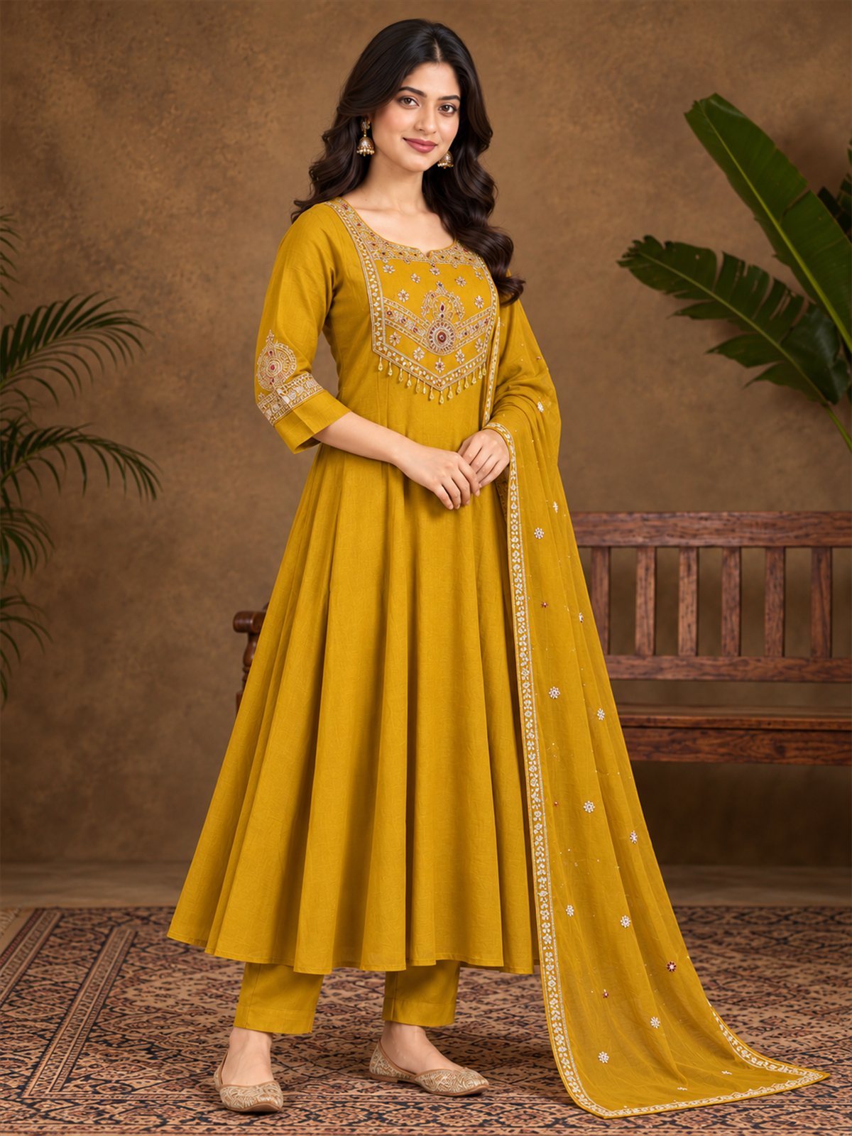 Mustard Embroidered Chanderi Silk Anarkali Suit Set
